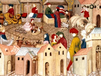 Fr 12559, fol. 167: La piazza del mercato, miniatura da Il cavaliere errante di Tommaso III di Saluzzo, Parigi, 1400-05 circa